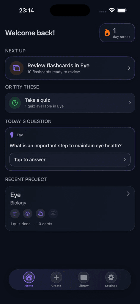 StudyNotes AI home screen showing a study streak, exam countdown, next-up flashcards, and today's question