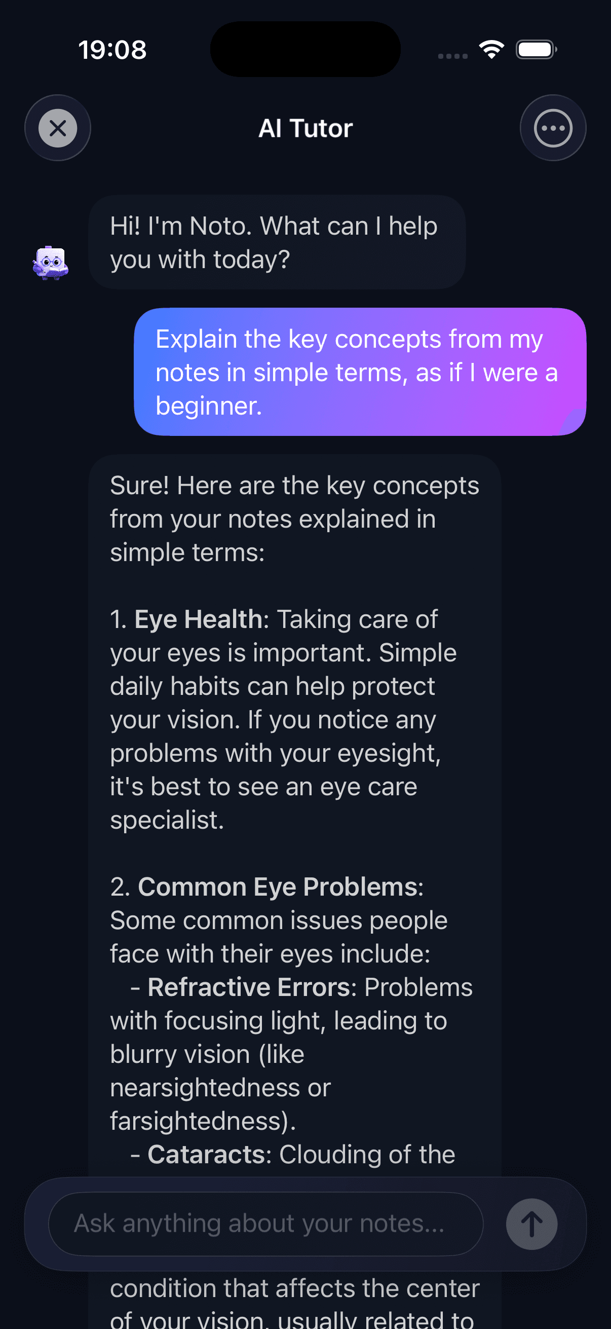 StudyNotes AI Tutor explaining key concepts from a biology project in a chat conversation