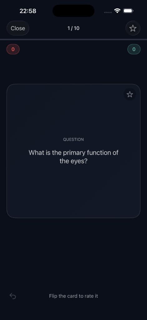 StudyNotes AI flashcard showing a question ready to flip and rate