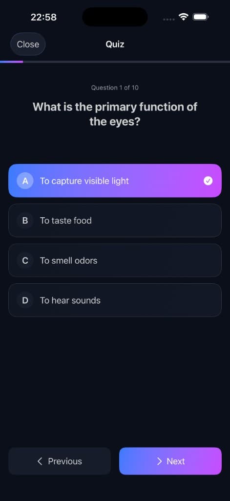 StudyNotes AI quiz showing a question with multiple answer choices and progress