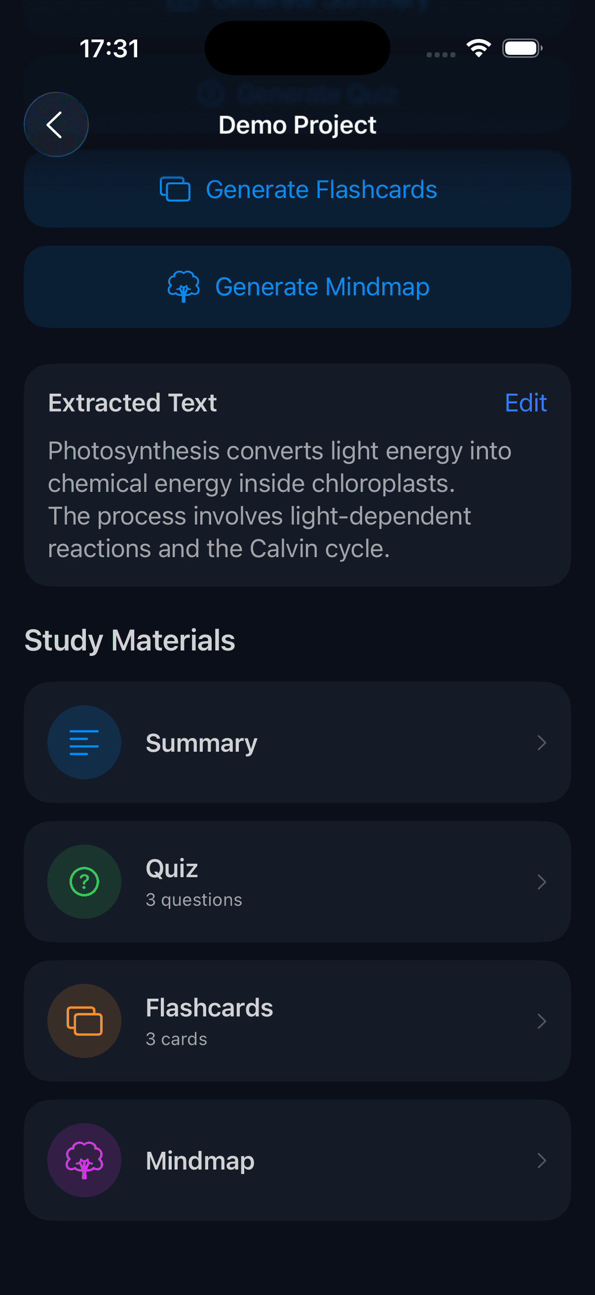 StudyNotes AI dashboard showing active projects and AI widgets