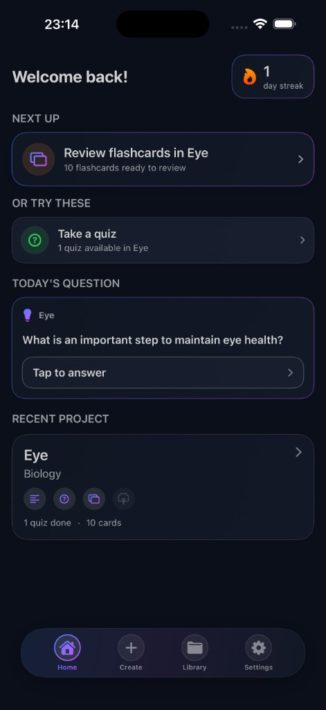 StudyNotes AI home screen with streak, next up, and today's question