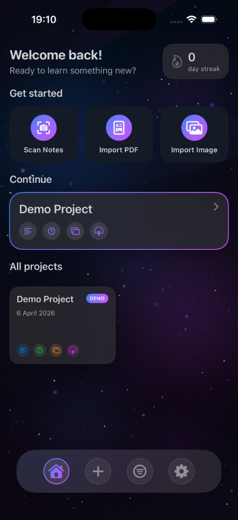 StudyNotes AI home screen with welcome message and projects