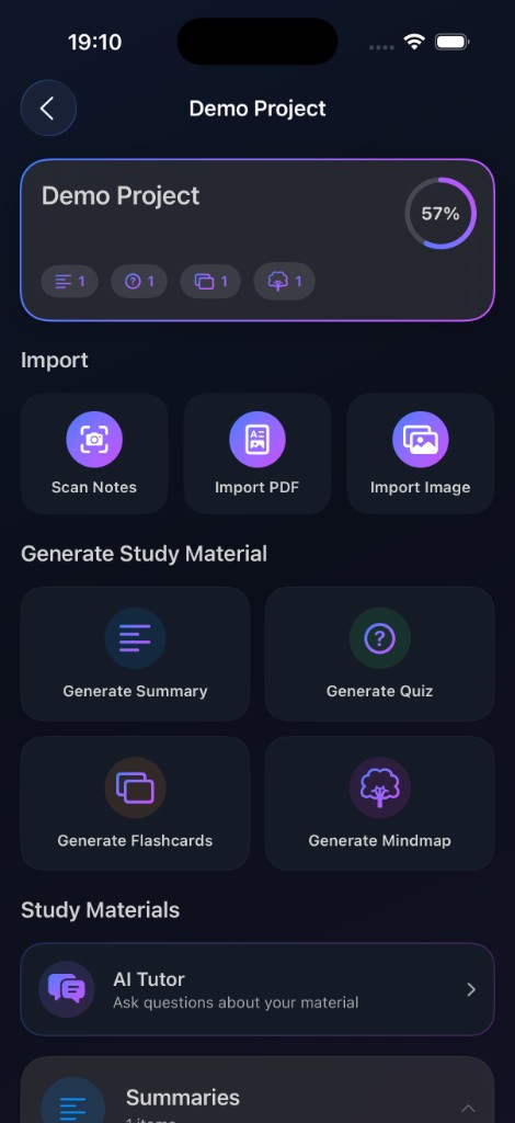 StudyNotes AI project screen with AI Tutor, import options, and generated study materials