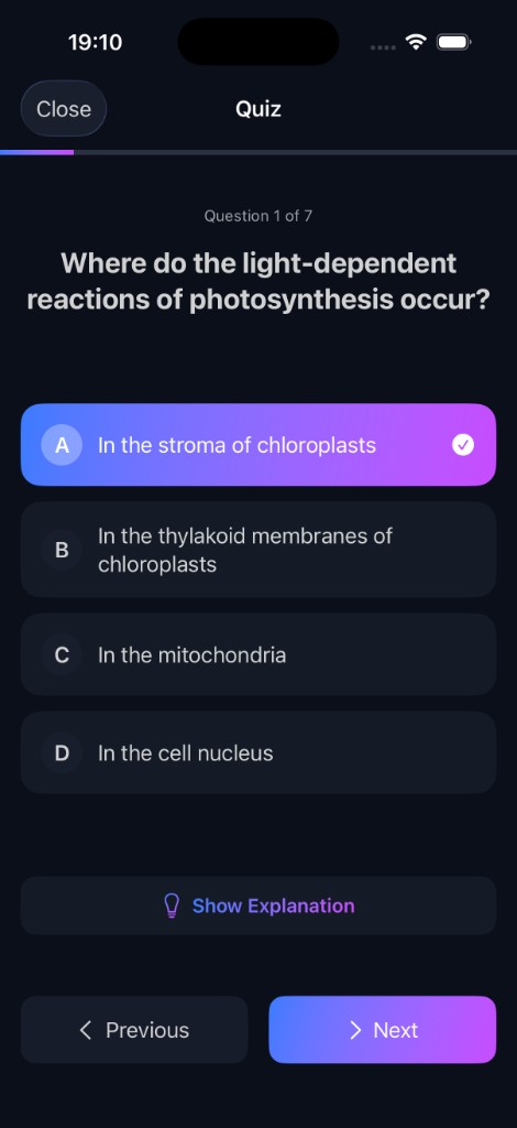 StudyNotes AI quiz with question, answer choices, and progress